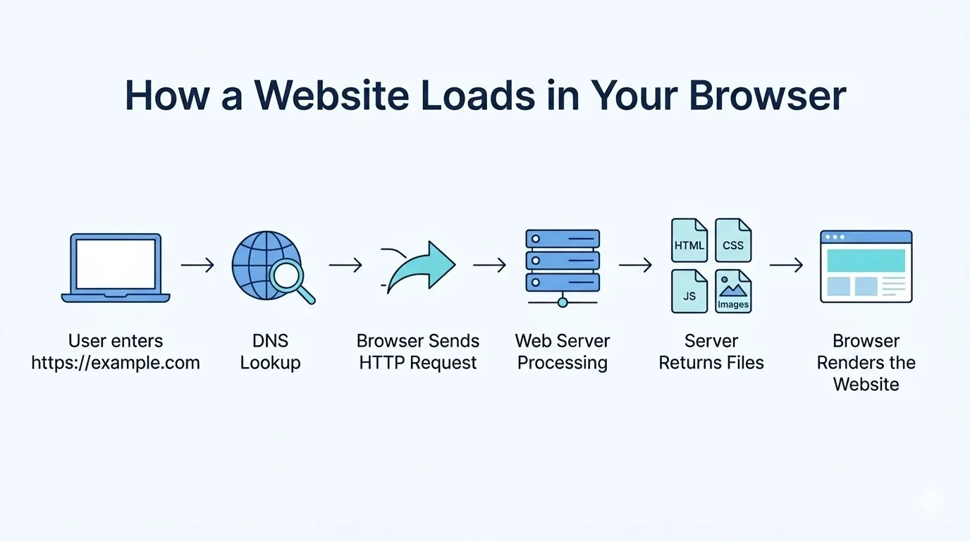 Diagram showing how a website loads in a browser including DNS lookup, HTTP request, server processing, and browser rendering