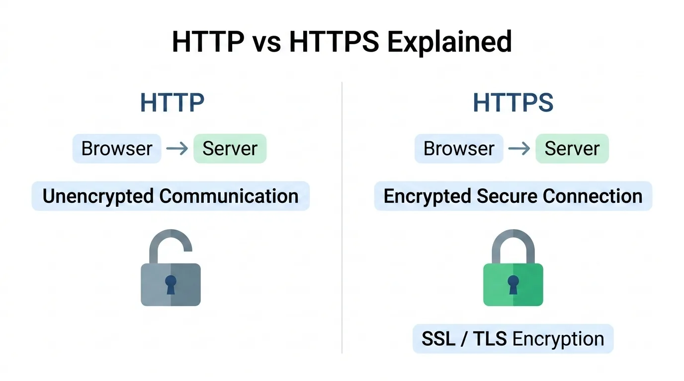 Diagram comparing HTTP and HTTPS and showing secure encrypted communication